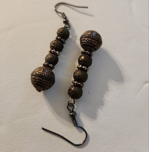 Hand Crafted Brown Gothic Pierced Earrings with Ornate Beads Dangle Drop - Picture 4 of 5